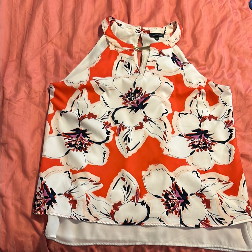 LOFT Orange Sleeveless High Low Blouse with Mandarin Collar